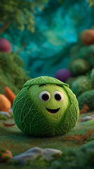 Smiling 3D Cartoon Cabbage with Big Expressive Eyes in a Vibrant, Whimsical Garden of Fruits and Vegetables. Playful, Colorful Scene with Copy Space with 9:16 Aspect Ratio