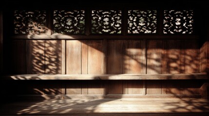 Wooden bench with carved lattice detail bathed in sunlight