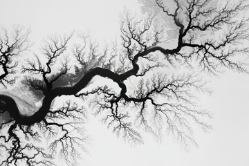 Abstract Aerial View of Braided River Channels Resembling Tree Branches in Black and White.