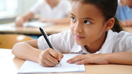 Young girl focused on writing at her classroom desk during an exam, concentrating on a school assignment and demonstrating dedication and engagement in primary education