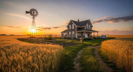 A picturesque farmhouse stands silhouetted against a vibrant sunset, surrounded by golden wheat fields and a rustic windmill, capturing the essence of rural charm