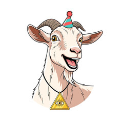Cartoon Goat with Party Hat and Illuminati Pendant Smiling Widely