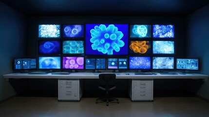 Naklejka premium Modern Scientific Research Laboratory Featuring Multiple Monitors Displaying High-Resolution Images of Microorganisms and Cellular Structures in a Sleek, Futuristic Environment