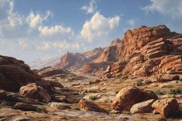 Obraz premium Arid Canyon Landscape - Red Rock Formations Under a Cloudy Blue Sky.