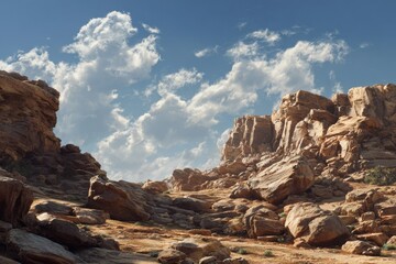 Fototapeta premium Arid Canyon Landscape with Towering Clouds and Rocky Terrain under a Bright Blue Sky.