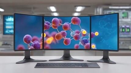Naklejka premium Advanced Computer Setup with Triple Monitors Displaying Molecular Structure, Creating a Modern Scientific Workspace for Researchers and Innovators
