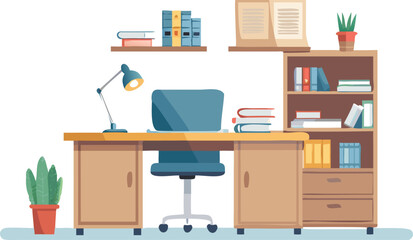 Office interior featuring a desk, chair, and bookshelf, creating a functional workspace environment.