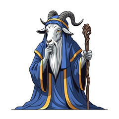 Pensive Goat Wizard with Staff in Blue and Gold Robe Cartoon Illustration