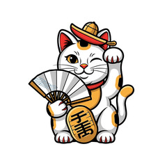 Winking Maneki Neko with Fan Coin and Straw Hat Graphic Illustration