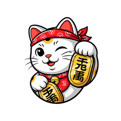 Winking Maneki Neko with Red Bandana and Golden Koban Coins Cartoon Illustration