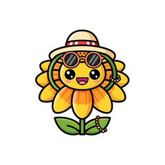 Cartoon Sunflower Character with Hat Sunglasses and Beaded Necklace