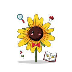 Cartoon Sunflower with Bowtie Magnifying Glass Mushrooms and Open Book