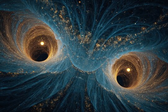 Cosmic Dance of Twin Black Holes - Gravitational Waves and Stellar Debris Swirling in Nebula. - Powered by Adobe