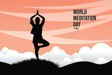 Vector illustration of a person doing yoga tree pose silhouette with sunrise sky background. Concept of mindfulness, balance, and peace for World Meditation Day.