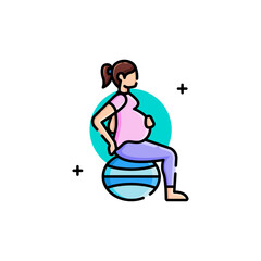 Pregnant Woman Sitting On Exercise Ball Doing Pelvic Tilts In Light Pink Shirt And Blue Pants With Turquoise Circle Background And Plus Signs