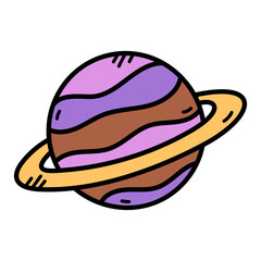 Planet With Rings In Purple And Brown Stripes Cartoon Style Transparent Background