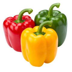 Vivid image showcasing three bell peppers red, yellow, and green, with stems, against a black background