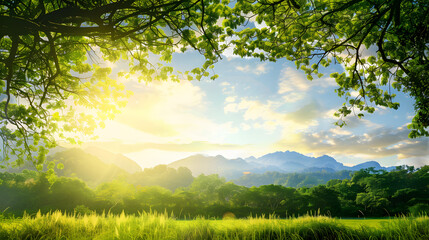 Sunlit Forest Meadow with Mountains