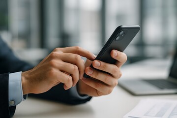 Ai generated:Close-Up of Businessperson Using Smartphone in Office with Desk and Documents