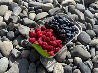 Bowl of raspberries, blackberries, and blueberries placed on smooth stones under bright sunlight