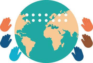 Diverse hands surround a globe, illustrating a message of unity and shared responsibility for the world.