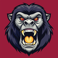 Fototapeta premium A gorilla's head with an open mouth, displaying sharp teeth and a fierce expression.