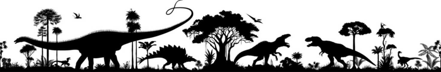 Vector seamless silhouette panorama with brontosaurus, stegosaurus, giganotosaurus, t-rex, pyroraptor, gallimimus and pterosaurus in jungle © Save Jungle