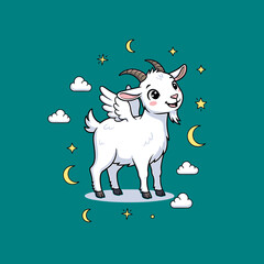 Cartoon Winged Goat with Crescent Moons and Stars on a Cloud
