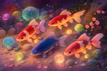 A group of colorful koi fish swimming in a pond with glowing orbs