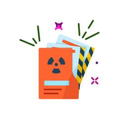 Radioactive Hazard Warning Symbols And Radiation Sign On Orange Document With Blue Stripe And Yellow Black Border Against White Background With Small Stars And Sparkles
