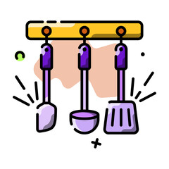 Purple Handled Kitchen Utensils Hanging On A Yellow Rack With Abstract Orange Background And Black Accents