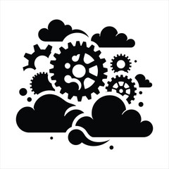 Gears turning with steam clouds vector silhouette  outline logo design concept illustration