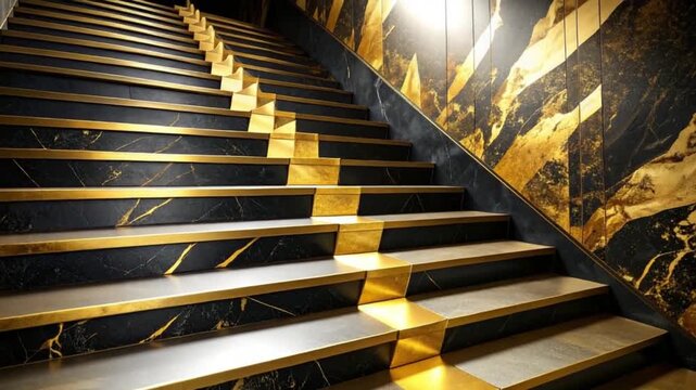 Cinematic macro shot of glowing gold light reflecting dramatically off textured black and yellow urban stairs.