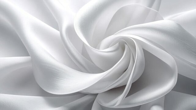 Abstract macro close-up of soft white satin fabric texture creating elegant swirling folds in studio lighting.
