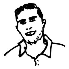 Portrait of a man with tilted head. Hand drawn linear doodle rough sketch. Black and white silhouette.