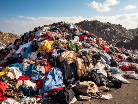 Image from above of a pile of colorful used clothes