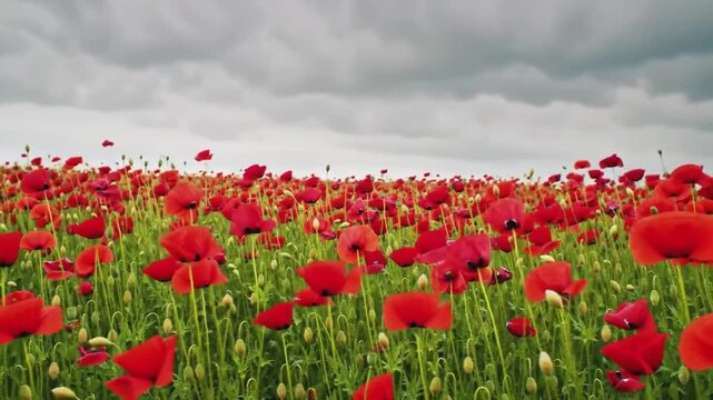 Peaceful Poppy Field Under Cloudy Sky &ndash; Armistice Day Symbol