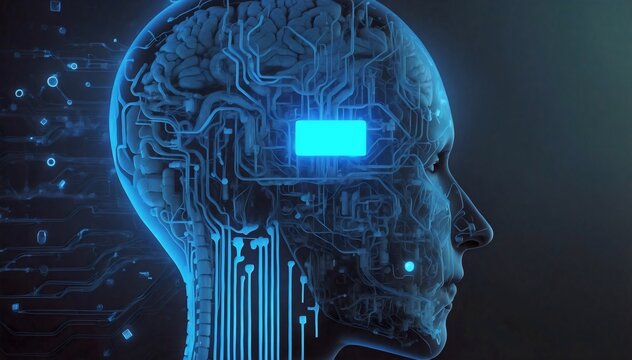 A digital artwork of a human head superimposed with intricate circuit patterns and a glowing central processor, showcasing the convergence of technology and human intellect
