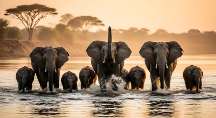 Stunning view of a majestic African elephant herd with calves crossing a river at golden hour during a safari in the wild