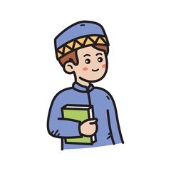 Young Boy Wearing Blue Traditional Clothing and Kufi Hat Holding a Green Book in Front of a Transparent Background