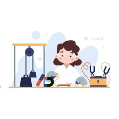 Young Female Scientist Conducting Physics Experiment with Magnet Pulley System and Battery in a Brightly Lit Laboratory