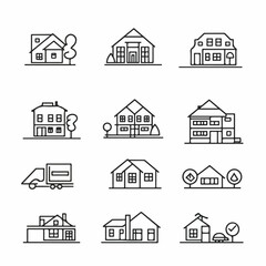 Collection of linear icons representing various residential and commercial buildings, including houses, apartments, and a moving truck, ideal for real estate and architectural design