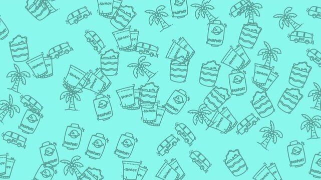 A seamless turquoise pattern of sketchy cups, takeout drinks, and palm trees, all in pale teal line art in teal-tones!!