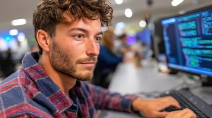 Fototapeta premium Focused Tech Professional: A concentrated individual immersed in the digital realm, meticulously examining data on a computer screen, illustrating the focus of digital skill