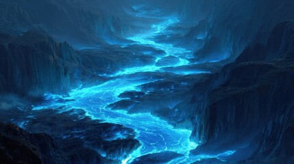 Bioluminescent River Flowing Through Dark Cliffs, Ethereal Glow, Fantasy Landscape.