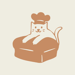 Cute illustration of cat baker wear chef hat hug big loaf of bread, cartoon fun doodle style design for bakery product and store