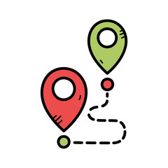 Red and Green Location Pointers Connected by Dashed Line Illustrating Navigation and Route Planning With Transparent Background