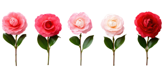 Five camellia flowers in different shades isolated on transparent background