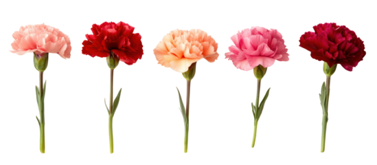 Five carnation flowers in different colors isolated on transparent background