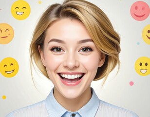 Woman smiling brightly with emojis